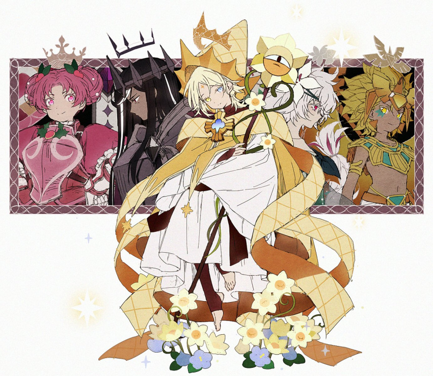 2boys 3girls armor black_hair black_legwear blonde_hair braid closed_mouth cookie_run crown dark-skinned_female dark_cacao_cookie dark_skin double_bun facial_mark floating flower forehead_mark golden_cheese_cookie hakusai_(tiahszld) hat highres holding holding_staff holly hollyberry_cookie humanization lily_(flower) long_hair long_sleeves looking_at_viewer multiple_boys multiple_girls no_shoes otoko_no_ko pink_eyes pink_hair pointy_hat puffy_short_sleeves puffy_sleeves pure_vanilla_cookie short_hair short_sleeves staff stirrup_legwear toeless_legwear tunic very_long_hair white_hair white_lily_cookie white_tunic wide_sleeves yellow_eyes yellow_flower yellow_headwear
