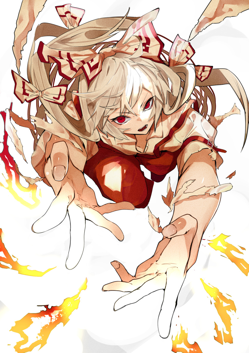 1girl bow collared_shirt dress_shirt eyebrows_visible_through_hair fujiwara_no_mokou hair_bow highres ikurauni long_hair looking_at_viewer open_mouth outstretched_arms outstretched_hand pants print_bow red_eyes red_pants shirt short_sleeves solo suspenders touhou v-shaped_eyebrows white_bow white_hair white_shirt