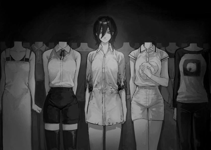 1girl arms_behind_back bare_shoulders black_background black_legwear black_pants black_shorts blood blood_on_clothes buttons chainsaw_man chainsawbomg collarbone collared_shirt commentary dress expressionless greyscale hair_between_eyes hand_on_own_chest headless high-waist_shorts highres labcoat long_sleeves medium_hair monochrome multiple_persona neck_ribbon pants pinafore_dress reze_(chainsaw_man) ribbon shirt short_sleeves shorts sleeveless sleeveless_shirt standing thigh-highs white_dress white_shirt white_shorts