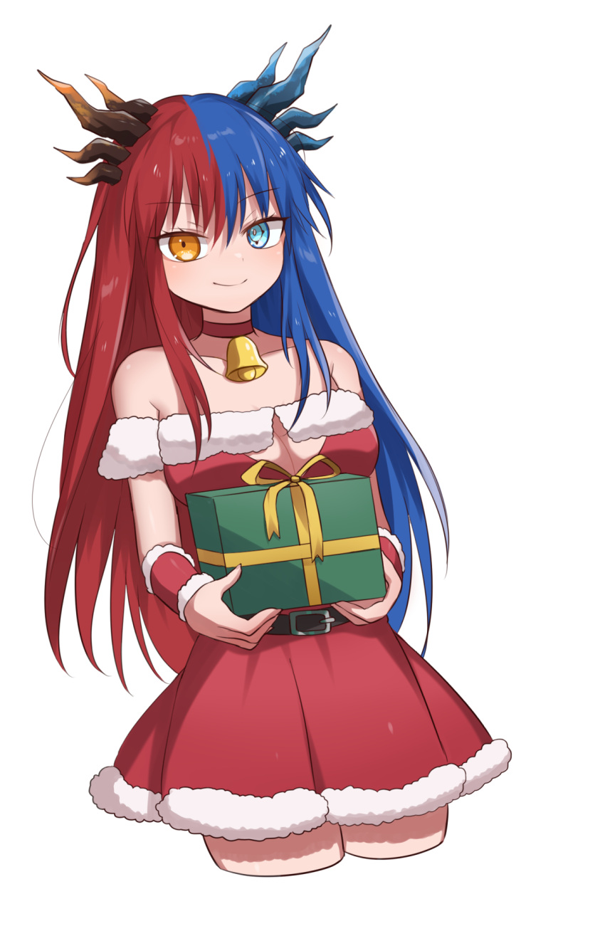 1girl bangs bell belt blue_eyes blue_hair blue_horns blush box breasts bright_pupils choker christmas commission commissioner_upload dragon_girl dragon_horns dress eyebrows_visible_through_hair gift gift_box gift_wrapping heterochromia highres holding horns inferna_dragnis large_breasts long_hair looking_at_viewer monster_girl multicolored_hair multicolored_horns neck_bell pale_skin red_horns redhead santa_costume simple_background smile solo solo_focus split-color_hair symbol-shaped_pupils two-tone_hair usagi1923 vambraces white_background white_pupils