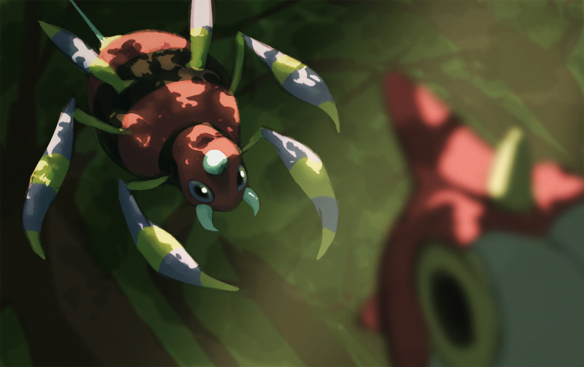 ariados blurry blurry_foreground bug commentary_request forest highres nature no_humans one-hour_drawing_challenge outdoors pokemon pokemon_(creature) rend spider tusks wurmple