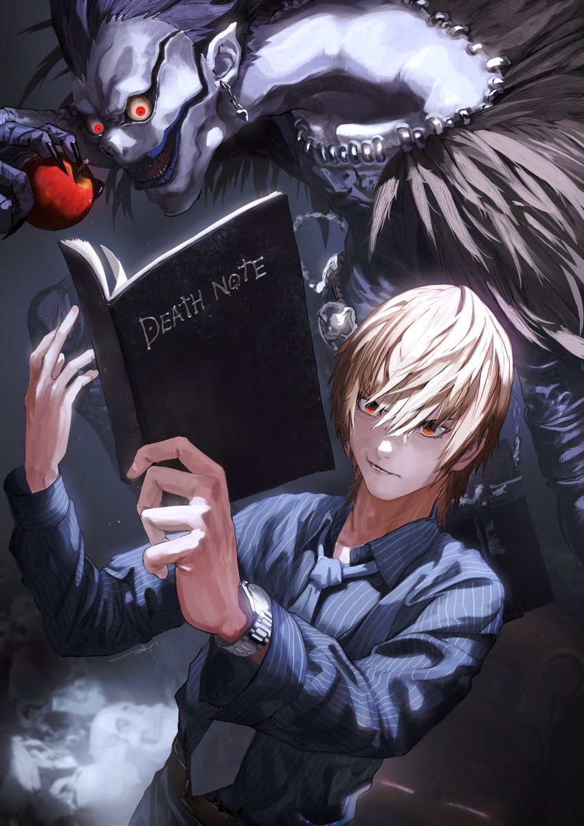 2boys absurdres bangs black_background black_necktie blonde_hair book colored_skin death_note death_note_(object) food fruit grey_skin highres holding holding_book holding_food holding_fruit long_sleeves male_focus multiple_boys necktie open_book open_mouth ossan_zabi_190 pointy_ears red_eyes ryuk shirt short_hair standing striped striped_shirt watch yagami_light