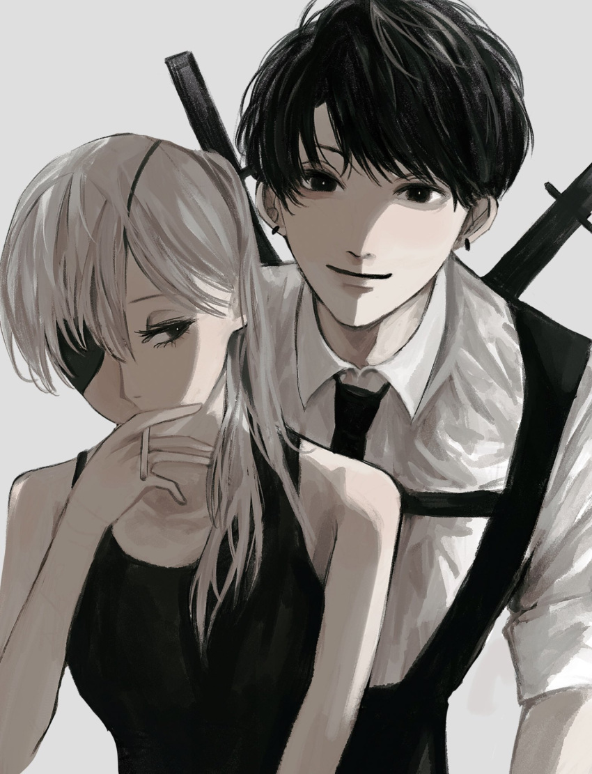 1boy 1girl bare_shoulders black_eyes black_hair black_necktie black_neckwear bright_pupils chainsaw_man cigarette closed_mouth collarbone earrings eyelashes gradient gradient_background grey_hair half-closed_eyes highres holding holding_cigarette jewelry katana kishibe_(chainsaw_man) long_hair looking_at_another looking_at_viewer necktie noroma02 ponytail quanxi_(chainsaw_man) scabbard sheath sleeves_rolled_up smile smoking sword weapon weapon_on_back white_pupils