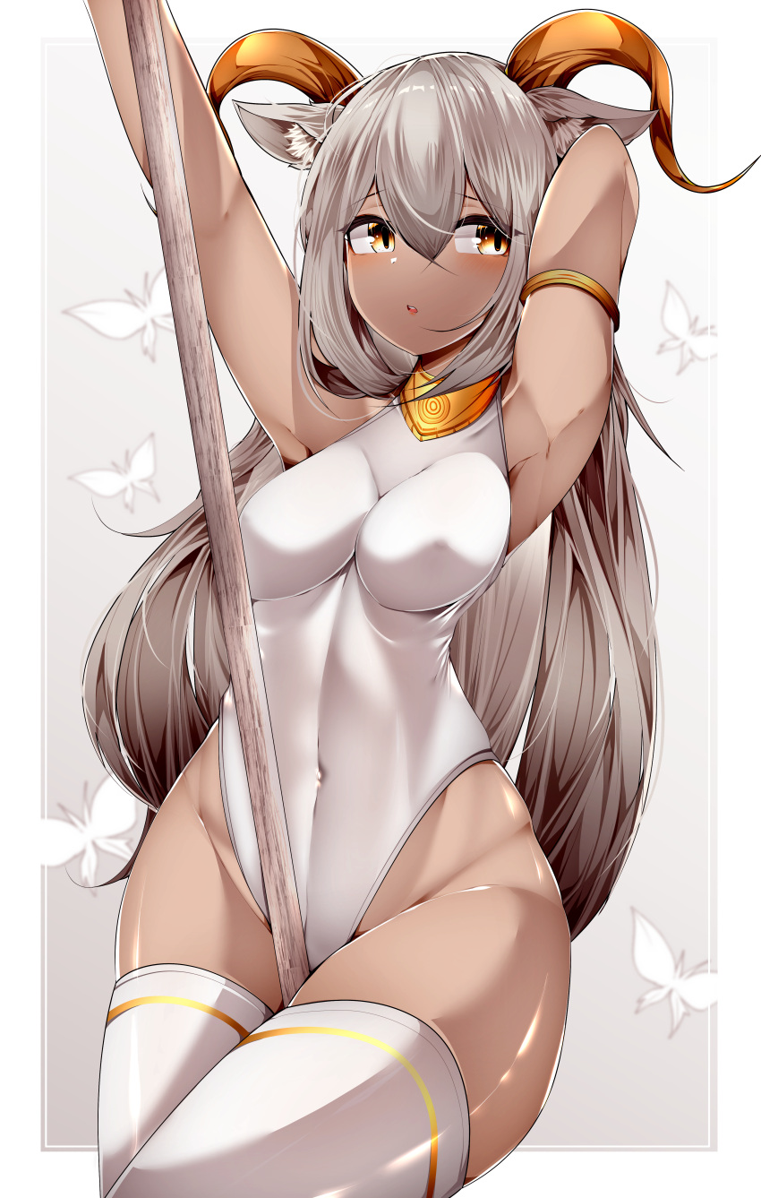 1girl :o absurdres adapted_costume animal_ear_fluff animal_ears arknights armlet armpits arms_up beeswax_(arknights) between_legs blush breasts brown_hair bug butterfly covered_navel covered_nipples cowboy_shot dark-skinned_female dark_skin goat_ears goat_girl goat_horns highres horns impossible_clothes impossible_leotard leotard long_hair looking_at_viewer medium_breasts orange_eyes parted_lips samip solo staff straight_hair thigh-highs very_long_hair white_legwear white_leotard wide_hips