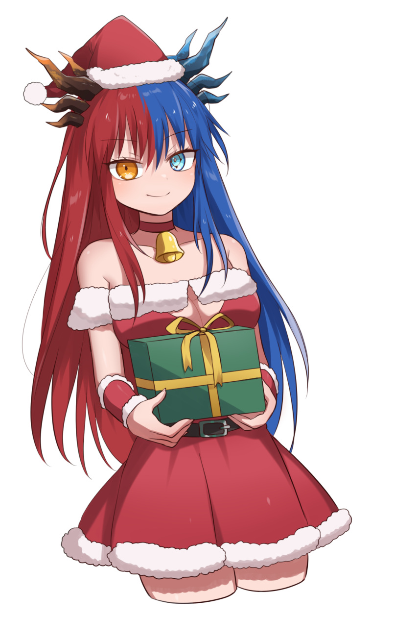 1girl bangs bell belt blue_eyes blue_hair blue_horns blush box breasts bright_pupils choker christmas commission commissioner_upload dragon_girl dragon_horns dress eyebrows_visible_through_hair gift gift_box gift_wrapping hat heterochromia highres holding horns inferna_dragnis large_breasts long_hair looking_at_viewer monster_girl multicolored_hair multicolored_horns neck_bell pale_skin red_horns redhead santa_costume santa_hat simple_background smile solo solo_focus split-color_hair symbol-shaped_pupils two-tone_hair usagi1923 vambraces white_background white_pupils