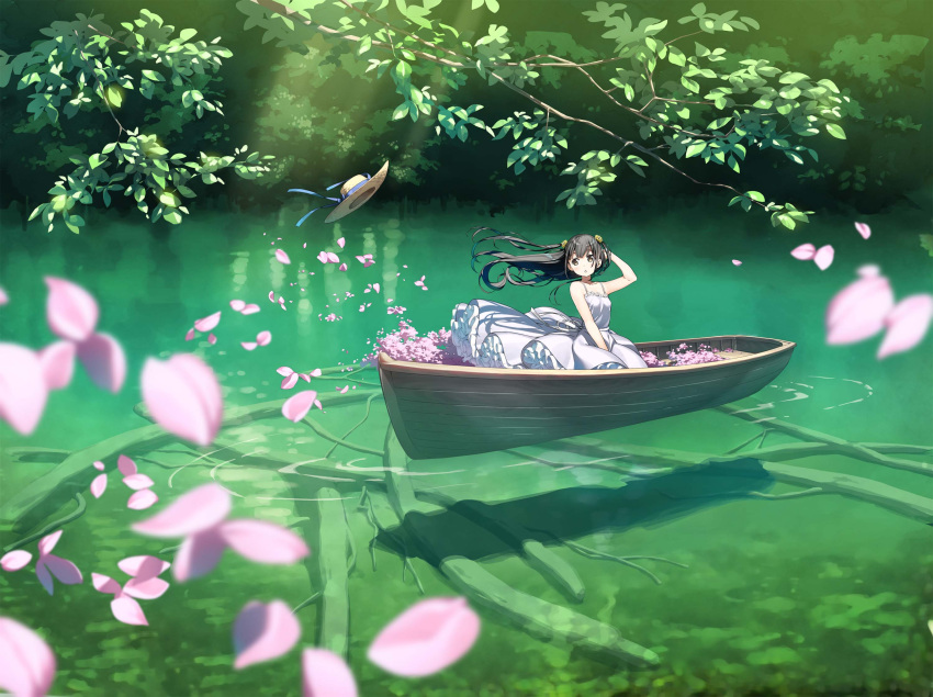 1girl :o bangs black_hair blue_ribbon blunt_bangs blush boat breasts clothes_lift collarbone commentary_request dress flower frilled_dress frills hair_ornament hat highres kantoku landscape long_hair looking_to_the_side original outdoors petals pleated_skirt ribbon sitting skirt skirt_lift small_breasts solo straw_hat tree twintails watercraft white_dress wind wind_lift yellow_eyes