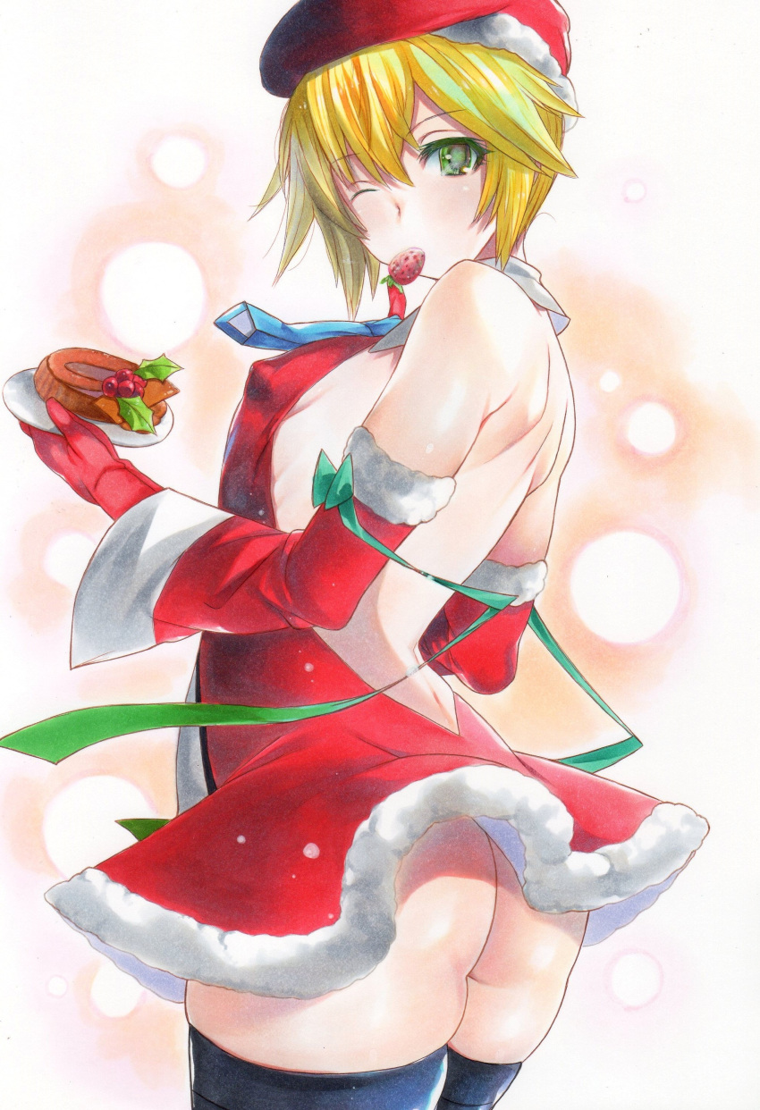 1girl absurdres ass backless_outfit black_legwear blazblue blonde_hair breasts christmas covered_nipples detached_sleeves from_behind gloves green_eyes highres long_hair marker_(medium) mouth_hold noel_vermillion one_eye_closed red_gloves rozarin santa_costume sideboob skindentation solo thigh-highs traditional_media