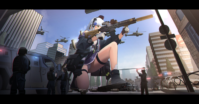 1girl absurdres aircraft assault_rifle bangs black_footwear black_jacket blue_sky blunt_bangs building car city clouds commission eyebrows_visible_through_hair finger_on_trigger giant giantess girls_frontline gloves green_eyes ground_vehicle gun h&amp;k_hk416 hanabusaraleigh helicopter highres hk416_(girls'_frontline) holding holding_gun holding_weapon jacket letterboxed long_hair mod3_(girls'_frontline) motor_vehicle outdoors panties pantyshot rifle shoes silver_hair sky thigh_strap underwear weapon white_gloves white_panties