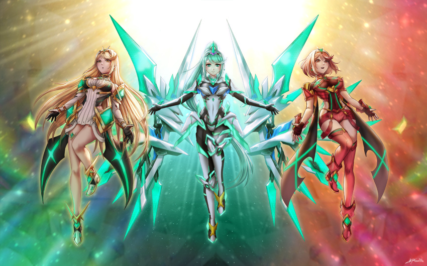 3girls bangs bare_legs bare_shoulders breasts chest_jewel earrings gloves green_eyes green_hair high_heels highres jewelry large_breasts long_hair moonllita multiple_girls mythra_(xenoblade) pneuma_(xenoblade) ponytail pyra_(xenoblade) swept_bangs tiara very_long_hair xenoblade_chronicles xenoblade_chronicles_(series) xenoblade_chronicles_2