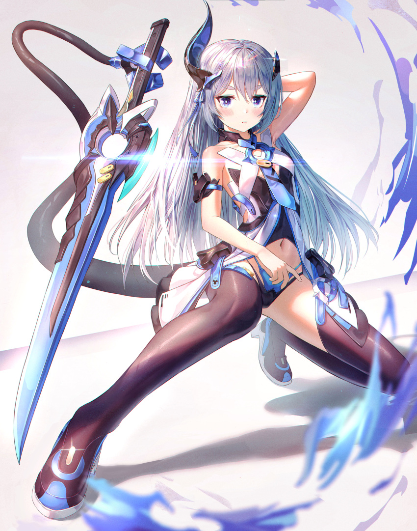 1girl absurdres bangs bare_shoulders black_footwear blue_eyes blue_hair boots closed_mouth full_body highres holding holding_sword holding_weapon honkai_(series) honkai_impact_3rd horns liliya_olenyeva long_hair looking_at_viewer navel nay prehensile_tail shadow single_horn sleeveless solo squatting sword tail thick_eyebrows thigh-highs thigh_boots weapon