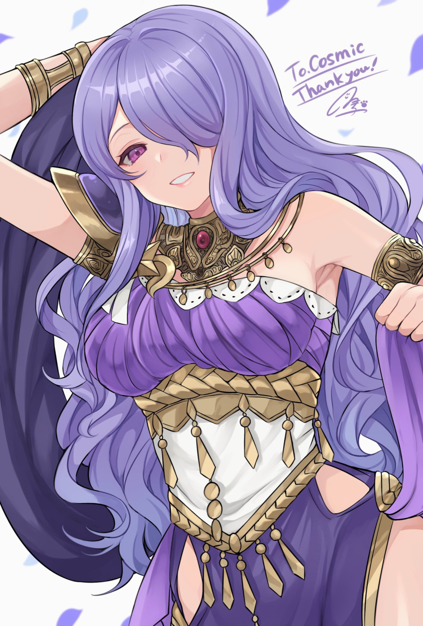 1girl armlet bangs banned_artist bare_shoulders bracelet breasts brooch camilla_(fire_emblem) dancer dancer_(three_houses) dress fire_emblem fire_emblem:_three_houses fire_emblem_fates grin hair_over_one_eye highres hip_vent jewelry large_breasts long_hair looking_at_viewer purple_dress purple_hair shimizu_akina smile solo upper_body very_long_hair violet_eyes