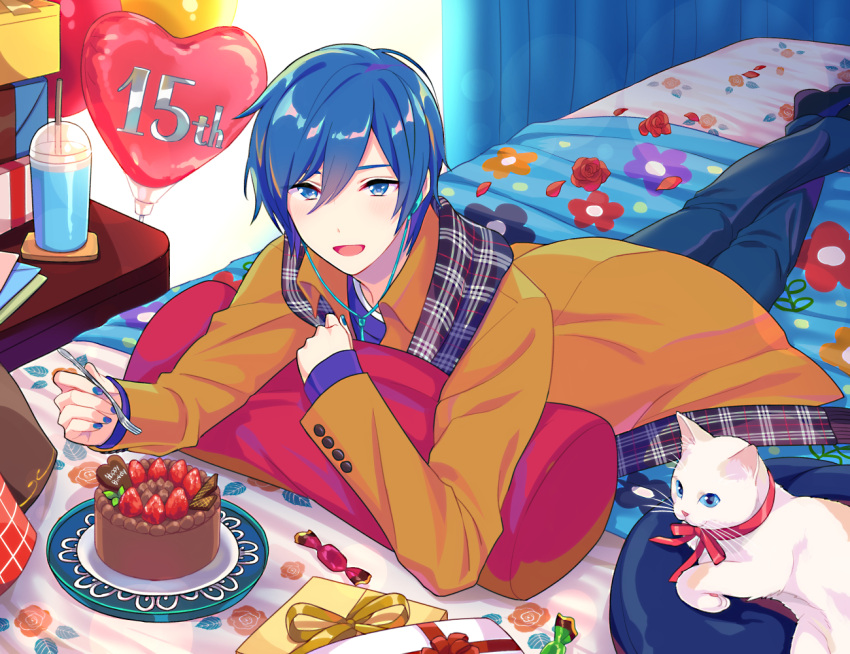1boy :d akiyoshi_(tama-pete) anniversary balloon blue_eyes blue_hair cake candy cat commentary earplugs food fork fruit gift heart_balloon indoors jacket kaito_(vocaloid) looking_at_viewer lying male_focus on_bed on_stomach short_hair smile solo strawberry vocaloid white_cat