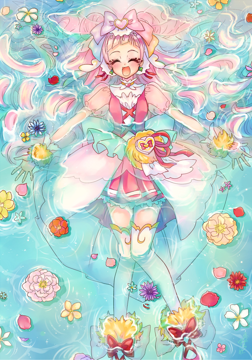1girl aqua_bow back_bow bow cheerful_style closed_eyes clover_earrings cure_yell double_bun dress facing_viewer flower frills full_body hair_bow happy highres hugtto!_precure layered_dress long_hair lying multicolored_bow nono_hana on_back open_mouth outstretched_arms partially_submerged pink_dress pink_hair pleated_dress pouch precure puffy_sleeves see-through_sleeves shoes short_dress smile solo spread_arms thigh-highs water white_legwear wrist_cuffs yuki_inu zettai_ryouiki