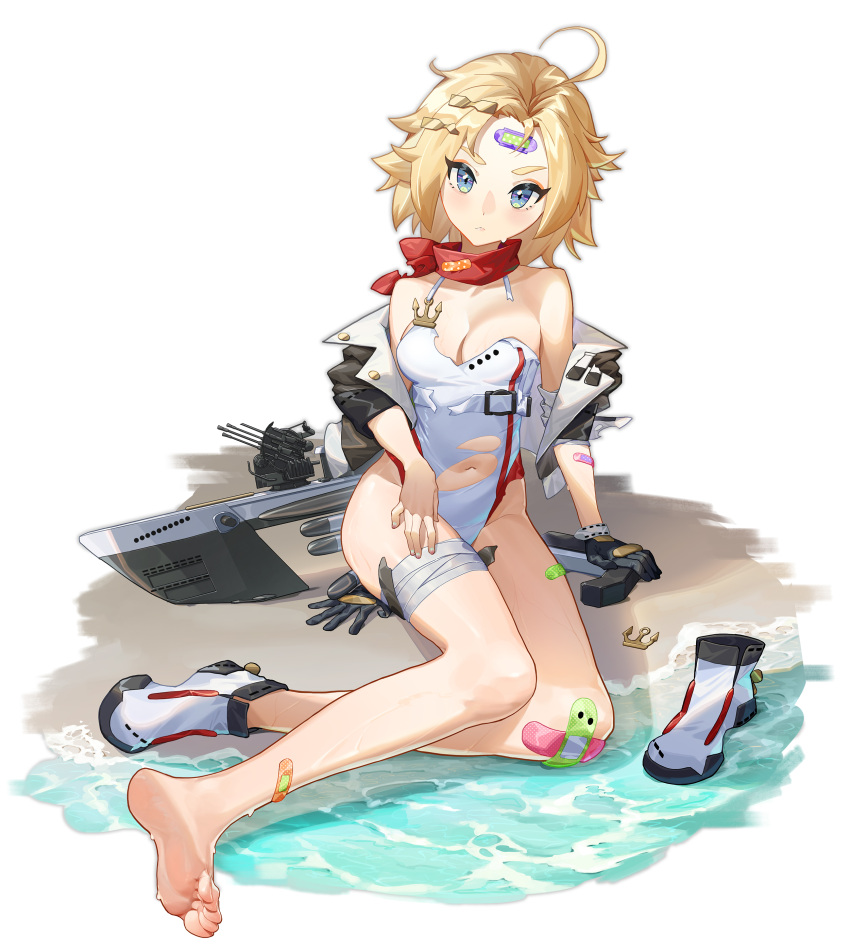 1girl aa_gun absurdres anchor bandaid bandaid_on_forehead bandaid_on_knee black_gloves blonde_hair blue_eyes breasts casual_one-piece_swimsuit cropped_jacket crossed_bandaids gloves hair_ornament hairclip highleg highleg_swimsuit highres machinery maxp_yuanhang navel one-piece_swimsuit propeller shoes short_hair short_sleeves single_shoe small_breasts solo swimsuit torn_clothes torn_swimsuit warship_girls_r white_footwear white_swimsuit