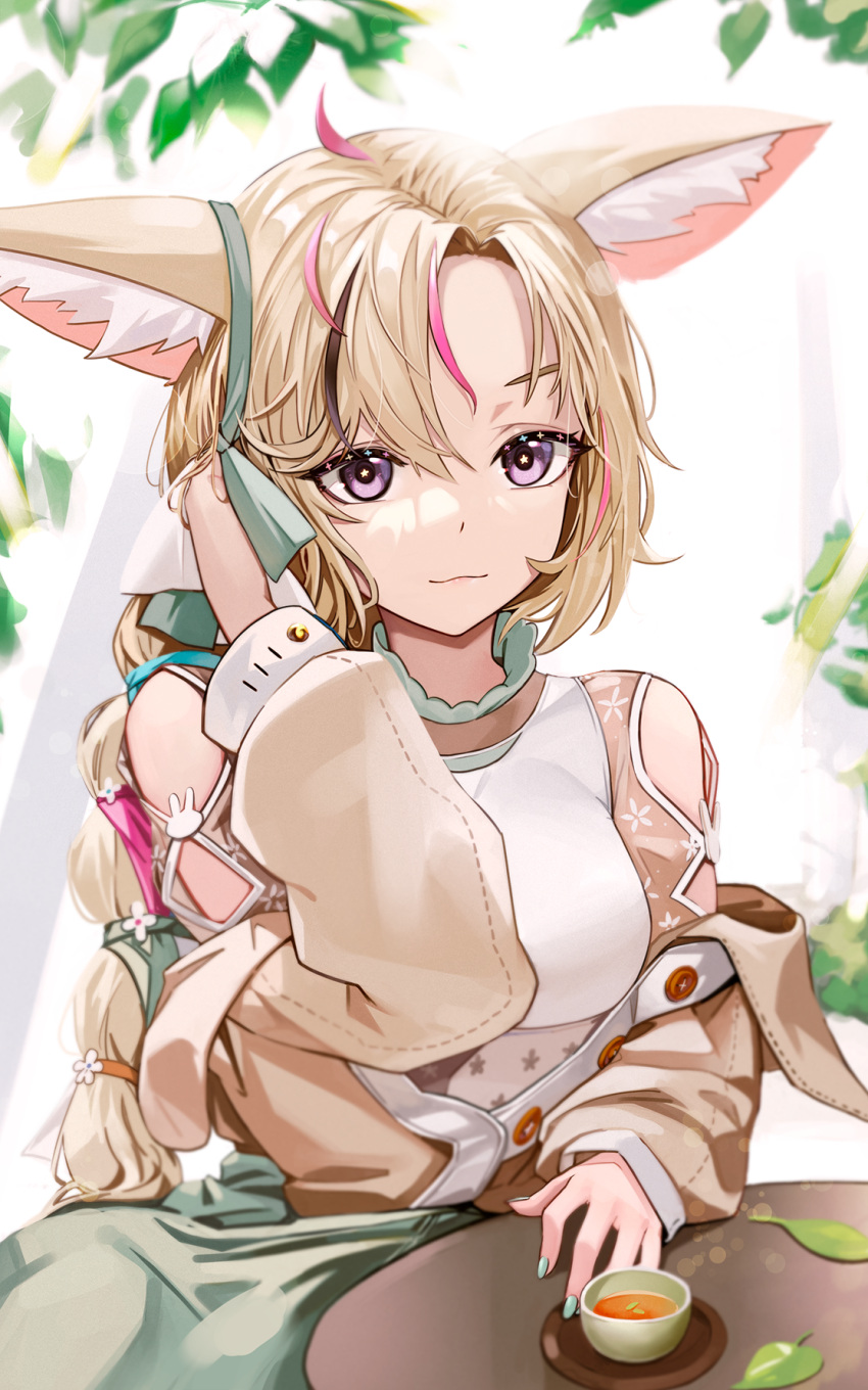 1girl ahoge animal_ear_fluff animal_ears anizi backlighting bangs black_hair blonde_hair blue_ribbon braid braided_ponytail brown_jacket buttons closed_mouth commentary cup day floral_print fox_ears fox_girl green_nails green_ribbon green_skirt hair_between_eyes hair_ribbon hand_in_hair highres hololive jacket leaf long_hair long_sleeves looking_at_viewer multicolored_hair nail_polish off_shoulder official_alternate_costume omaru_polka open_clothes open_jacket orange_ribbon parted_bangs partially_unbuttoned pink_hair ribbon saucer shiny shiny_hair shirt skirt solo star-shaped_pupils star_(symbol) streaked_hair sunlight symbol-shaped_pupils table tea teacup violet_eyes virtual_youtuber white_ribbon white_shirt