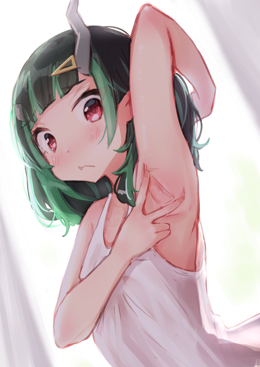 1girl absurdres arm_up armpits bangs black_hair blue_hair blush closed_mouth commentary_request demon_girl demon_horns dutch_angle fang fang_out flat_chest highres horns looking_at_viewer medium_hair multicolored_hair pointy_ears presenting_armpit red_eyes rutinium shishio_chris solo spread_armpit sugar_lyric tank_top two-tone_hair upper_body virtual_youtuber white_tank_top