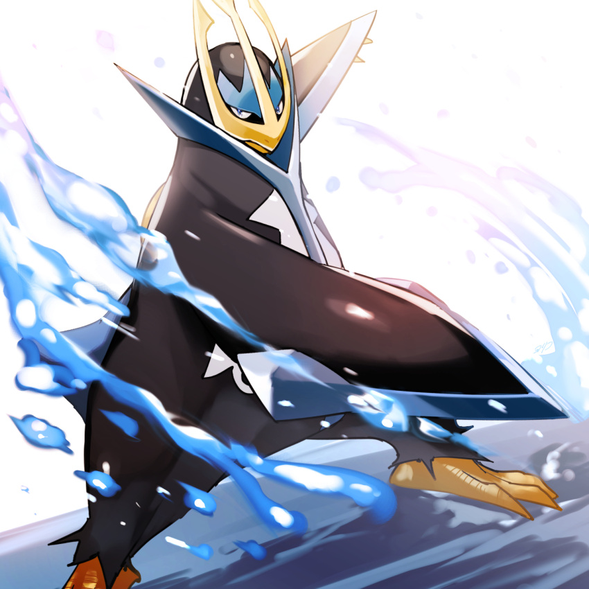 blue_eyes blurry closed_mouth commentary_request empoleon highres legs_apart no_humans pokemon pokemon_(creature) solo standing water water_drop yori_(ito_haruki)