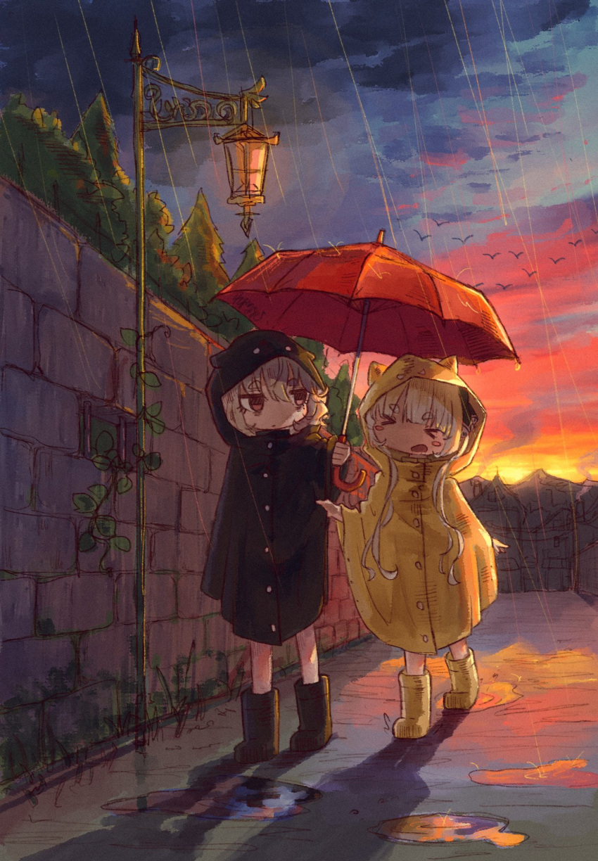 &gt;o&lt; 2girls bird blush_stickers character_request closed_eyes closed_mouth copyright_request highres holding holding_umbrella lamppost leoleonardk10 multiple_girls open_mouth outdoors rain rain_boots raincoat sky sunset umbrella