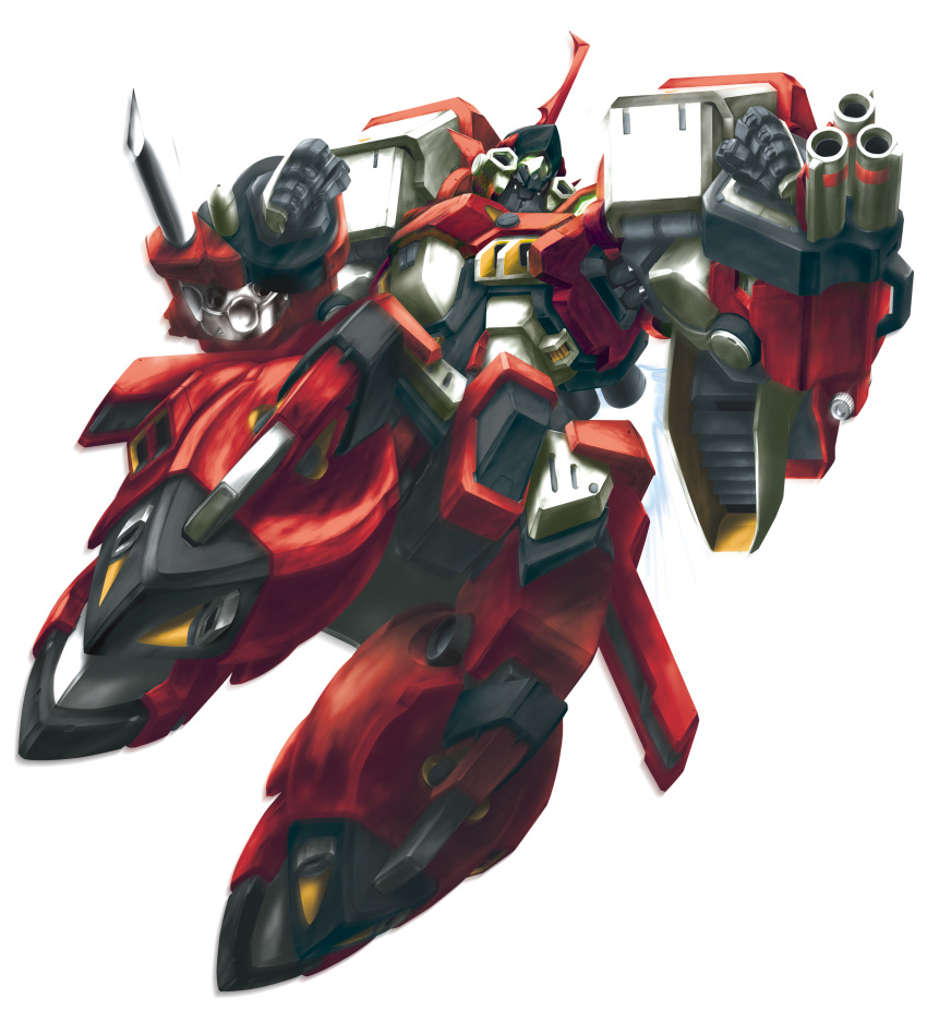 absurdres alteisen arm_cannon clenched_hands commentary_request flying highres mecha motion_blur no_humans pile_bunker robo_misucha simple_background solo super_robot_wars super_robot_wars_original_generation weapon white_background