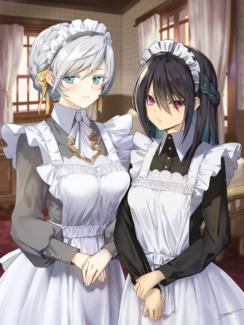 2girls apron bangs black_dress black_hair blue_hair braid breasts closed_mouth collared_dress commentary_request curtains dress eyebrows_visible_through_hair frilled_apron frills green_eyes grey_dress grey_hair hair_between_eyes hair_over_one_eye highres indoors long_sleeves maid maid_apron maid_headdress medium_breasts multicolored_hair multiple_girls original own_hands_together puffy_long_sleeves puffy_sleeves signature two-tone_hair tyone v-shaped_eyebrows violet_eyes white_apron window