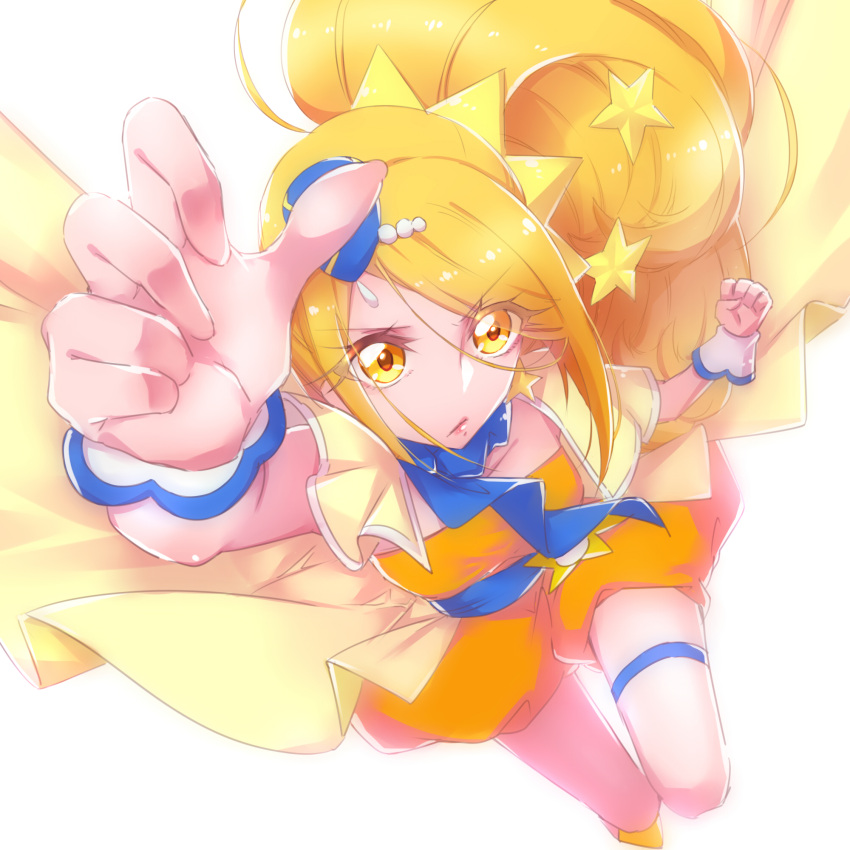 1girl blonde_hair blue_headwear blue_scarf clenched_hand closed_mouth cure_etoile earrings garrison_cap hair_ornament hat highres hugtto!_precure jewelry kagayaki_homare long_hair looking_at_viewer magical_girl mini_hat nijigami_rin orange_skirt ponytail precure scarf serious simple_background skirt solo star_(symbol) star_earrings star_hair_ornament thighlet white_background wrist_cuffs yellow_eyes