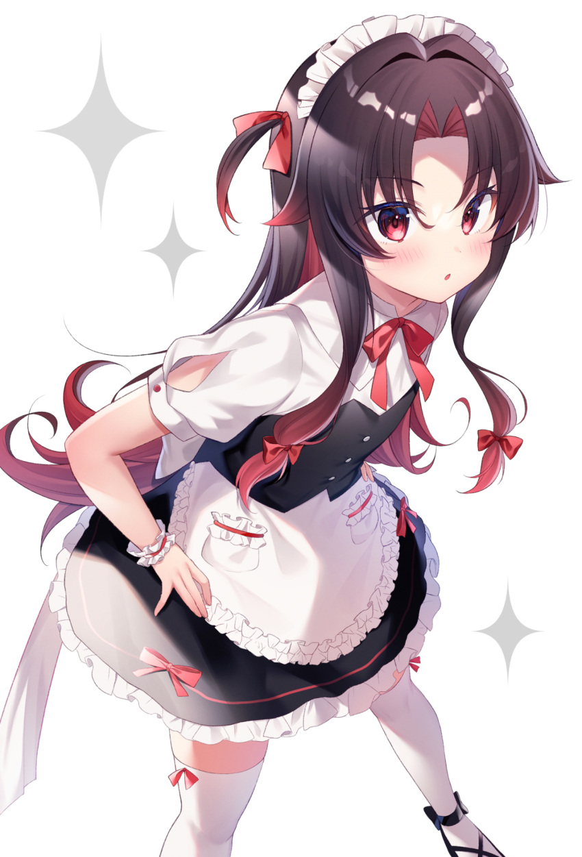 1girl :o alternate_costume apron bangs black_footwear black_hair black_skirt black_vest blush bow collared_shirt commentary_request enmaided feet_out_of_frame frilled_apron frills gradient_hair gyozanuko hair_bow hair_intakes highres long_hair looking_at_viewer maid maid_headdress multicolored_hair parted_bangs parted_lips puffy_short_sleeves puffy_sleeves red_bow red_eyes redhead ryuuou_no_oshigoto! shirt shoes short_sleeves simple_background skirt solo sparkle standing thigh-highs very_long_hair vest waist_apron white_apron white_background white_legwear white_shirt wrist_cuffs yashajin_ai