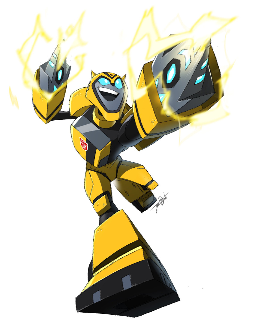 1boy absurdres arm_blade artist_name blue_eyes bumblebee electricity highres insignia jeetdoh mecha no_humans open_mouth running smile transformers transformers_animated weapon white_background