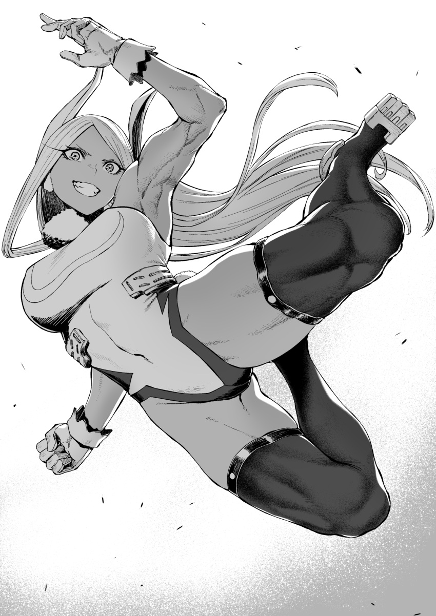 1girl action animal_ears armpits backlighting bangs boku_no_hero_academia breasts clenched_hand crescent_print dark-skinned_female dark_skin debris full_body fur_collar gloves greyscale grin hand_up highres large_breasts long_eyelashes long_hair looking_at_viewer mirko monochrome mugetsu2501 muscular muscular_female parted_bangs rabbit_ears rabbit_tail simple_background smile solo tail thigh-highs very_long_hair white_background