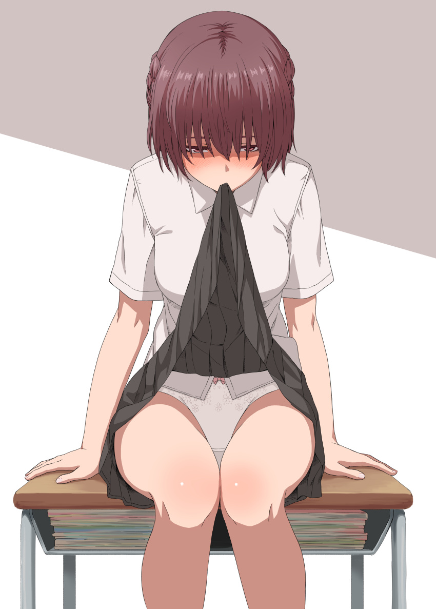 1girl absurdres blush braid brown_eyes clothes_lift desk french_braid hair_over_eyes highres lifted_by_self looking_at_viewer mouth_hold original panties school_desk school_uniform short_hair simple_background sitting skirt skirt_lift solo tuskryo underwear white_panties