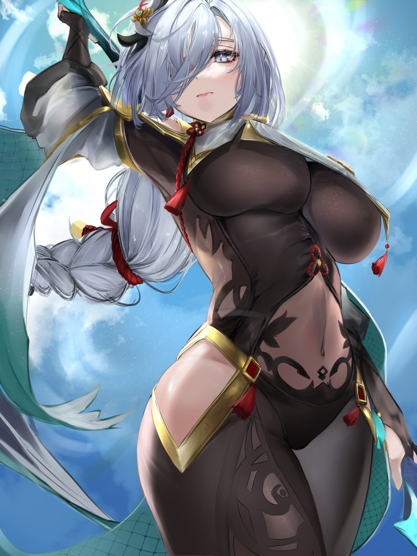 1girl absurdres arm_up bare_shoulders black_bodysuit blue_eyes blue_sky bodysuit braid breasts clouds covered_navel cowboy_shot day genshin_impact hair_ornament hair_over_one_eye highres hip_vent large_breasts long_hair looking_at_viewer mookie_(e_mook9) polearm shenhe_(genshin_impact) sky thighs under_boob very_long_hair weapon white_hair