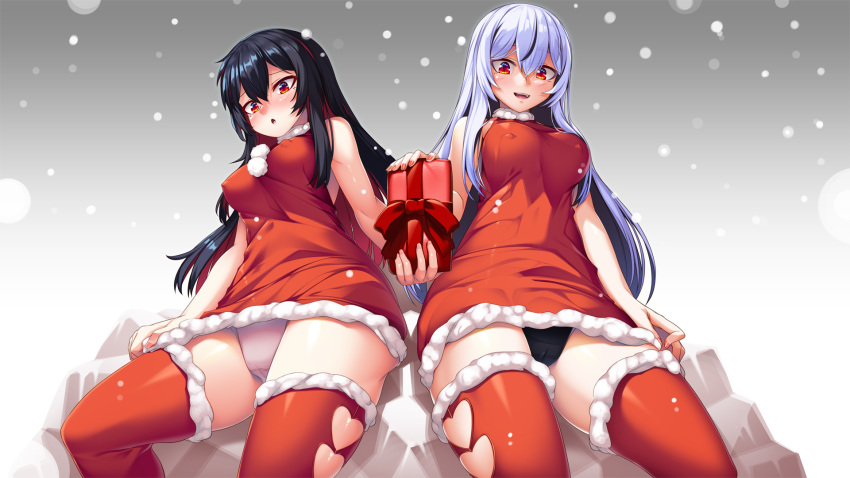2girls :o arata bangs black_hair black_panties check_commentary clothing_cutout commentary commentary_request covered_nipples crotch_seam dress fur-trimmed_dress fur-trimmed_legwear fur_trim genderswap genderswap_(mtf) gift grey_panties halterneck hand_on_own_thigh heart_cutout highres holding holding_gift long_hair microdress multiple_girls open_mouth original panties pantyshot red_eyes red_legwear ren_(witch's_weapon) santa_dress side-by-side sitting smile snowing thigh-highs underwear