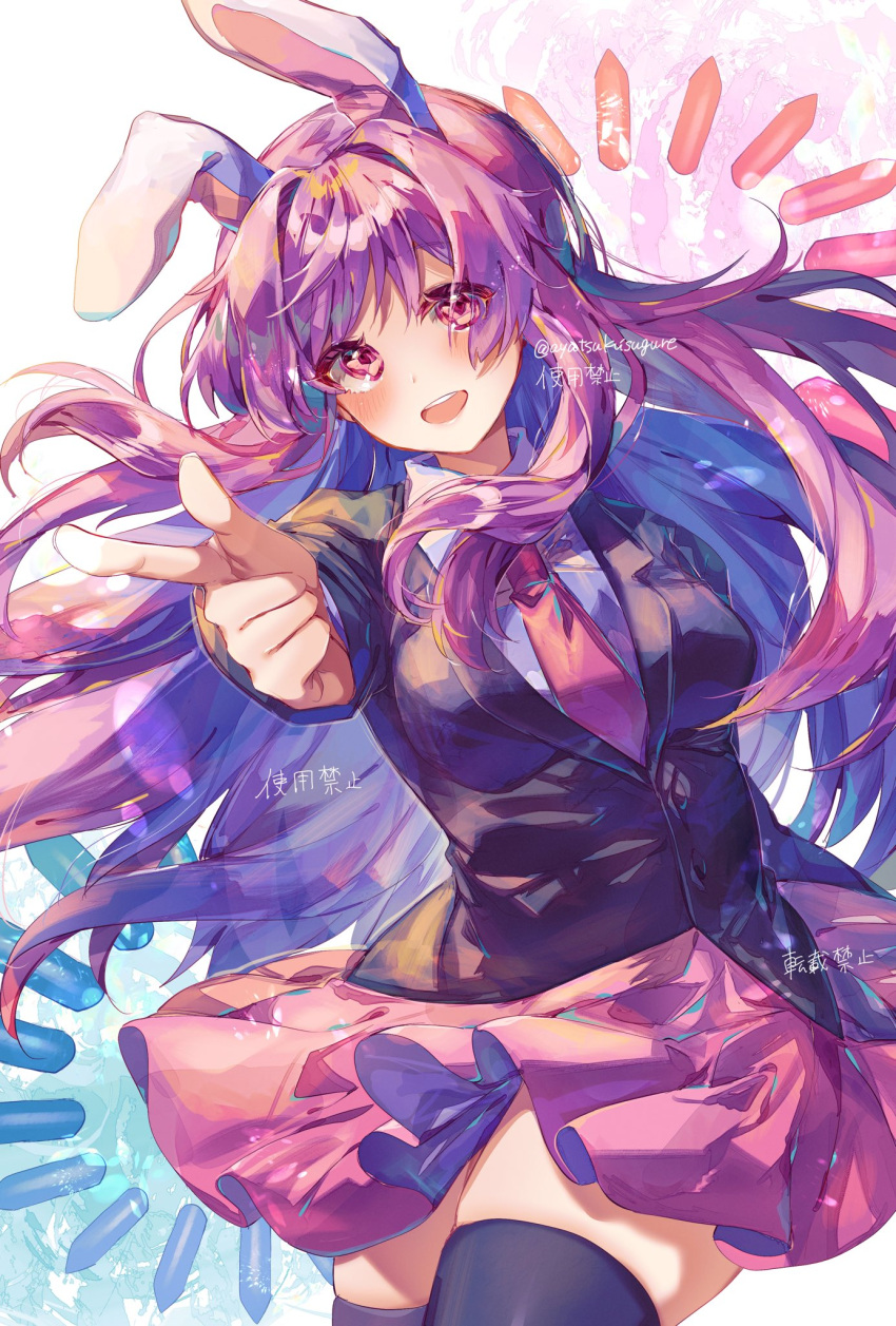 1girl :d alternate_eye_color animal_ears ayatsuki_sugure bangs black_legwear blush breasts collared_shirt commentary_request danmaku finger_gun highres long_hair long_sleeves looking_at_viewer medium_breasts miniskirt necktie open_mouth pink_skirt pointing pointing_at_viewer purple_hair rabbit_ears red_necktie red_neckwear reisen_udongein_inaba shiny shiny_hair shirt sidelocks simple_background skirt smile solo standing suit_jacket teeth thigh-highs thighs tongue touhou twitter_username upper_body upper_teeth violet_eyes white_background white_shirt wing_collar
