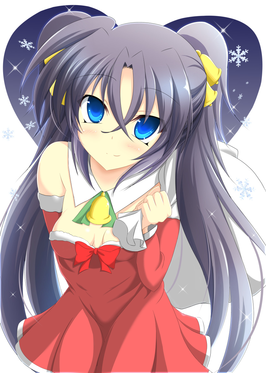 1girl absurdres arm_behind_back bangs bell black_hair blue_eyes breasts christmas closed_mouth commentary_request cowboy_shot detached_collar detached_sleeves dress eyebrows_visible_through_hair hair_bell hair_between_eyes hair_ornament highres holding holding_sack leaning_forward light_blush long_hair looking_at_viewer lyrical_nanoha mahou_shoujo_lyrical_nanoha_vivid metaruzo neck_bell neck_ribbon over_shoulder red_dress red_sleeves ribbon sack santa_costume santa_dress short_dress sieglinde_jeremiah small_breasts smile snowing solo sparkle standing strapless strapless_dress twintails very_long_hair white_background