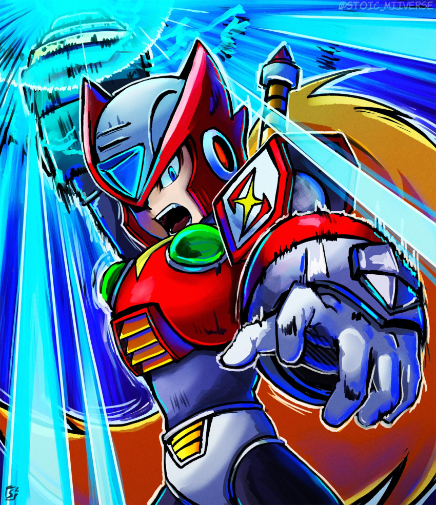 1boy android angry arm_cannon armor blonde_hair blue_eyes fangs gloves helmet highres long_hair looking_at_viewer male_focus mega_man_(series) mega_man_x_(series) open_mouth ponytail robot solo stoic_seraphim twitter_username weapon zero_(mega_man)