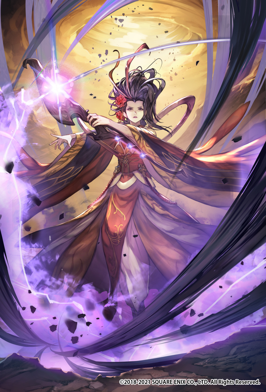 1girl absurdres black_hair flower hair_flower hair_ornament hide_(hideout) highres holding holding_weapon japanese_clothes kimono long_hair looking_at_viewer obi official_art romancing_saga_re;universe sash solo violet_eyes weapon wide_sleeves