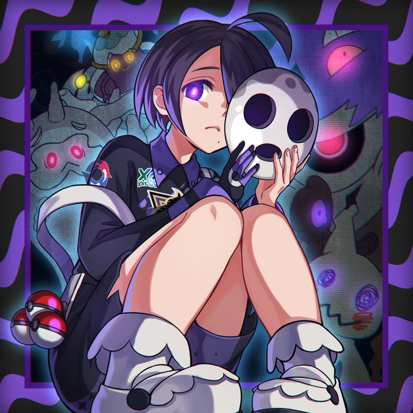 1boy ahoge allister_(pokemon) black_hair chandelure closed_mouth collared_shirt commentary_request cursola from_below frown galarian_yamask gengar gloves highres holding holding_mask holster knees knees_together_feet_apart long_sleeves male_focus mask mimikyu mole mole_under_mouth moruo_(mo_mr3) pigeon-toed poke_ball poke_ball_(basic) pokemon pokemon_(creature) pokemon_(game) pokemon_swsh polteageist shirt shoes single_glove suspenders suspenders_slip violet_eyes white_footwear