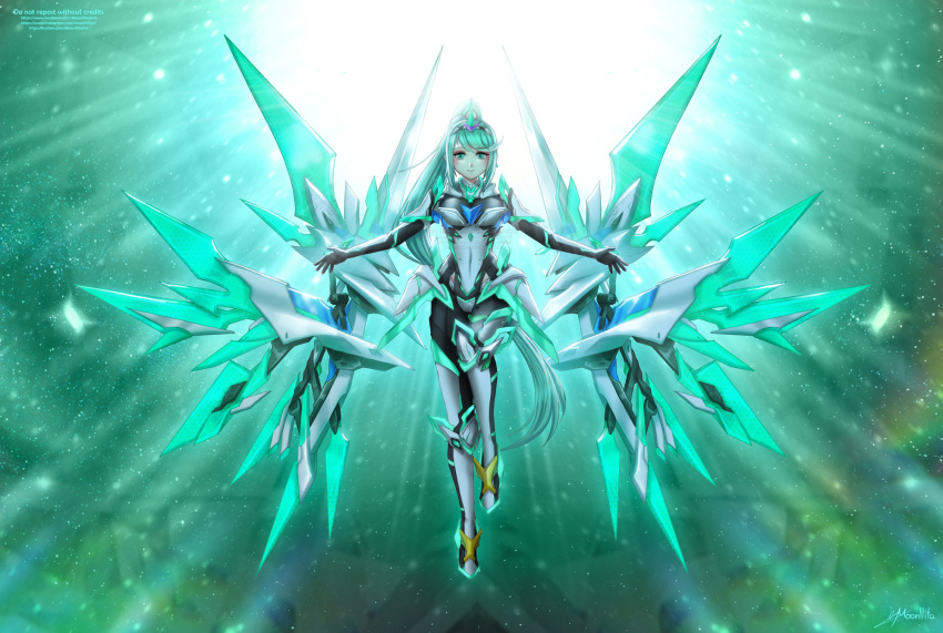 1girl bangs breasts chest_jewel earrings gloves green_eyes green_hair high_heels highres jewelry large_breasts long_hair mechanical_wings moonllita pneuma_(xenoblade) ponytail solo swept_bangs tiara very_long_hair wings xenoblade_chronicles xenoblade_chronicles_(series) xenoblade_chronicles_2
