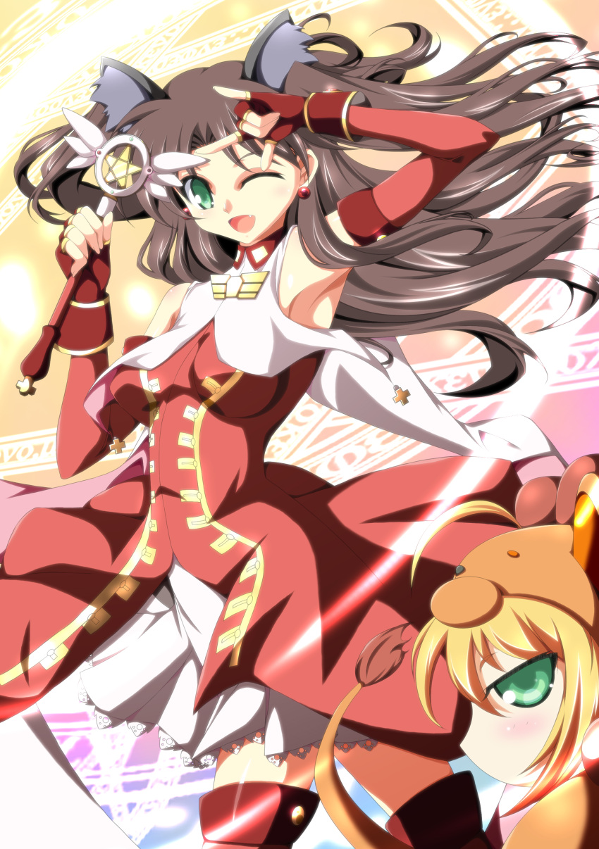 absurdres ahoge animal_costume animal_ears black_hair blonde_hair blush cat_ears earrings elbow_gloves fang fate/hollow_ataraxia fate/stay_night fate/tiger_colosseum fate_(series) gloves green_eyes highres jewelry ka2 kaleido_ruby kaleidostick lion lion_costume long_hair magical_girl nekomimi saber saber_lion tohsaka_rin toosaka_rin twintails wand wink