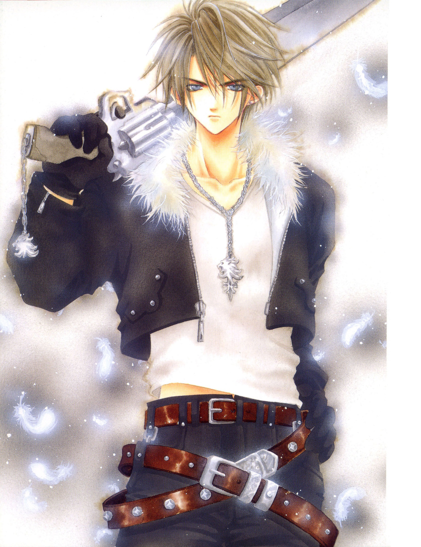 1boy absurdres adumi_tohru belt belt_buckle black_gloves black_jacket brown_hair buckle closed_mouth collarbone cropped_jacket facial_scar feathers feet_out_of_frame final_fantasy final_fantasy_viii fur-trimmed_jacket fur_trim gloves gunblade highres holding holding_weapon jacket jewelry male multiple_belts necklace open_clothes open_jacket over_shoulder scar screening shirt solo squall_leonhart standing weapon weapon_over_shoulder white_shirt zipper