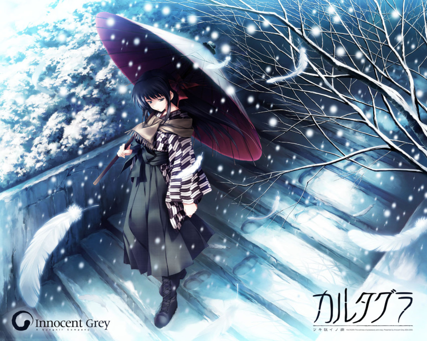 cartagra feathers kouzuki_kazuna oriental_umbrella scarf snow sugina_miki umbrella