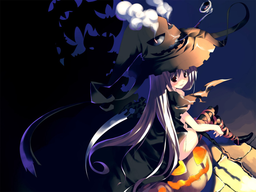 halloween hat highres kagome_(traumatize) naked_cape night original pumpkin thighhighs witch witch_hat