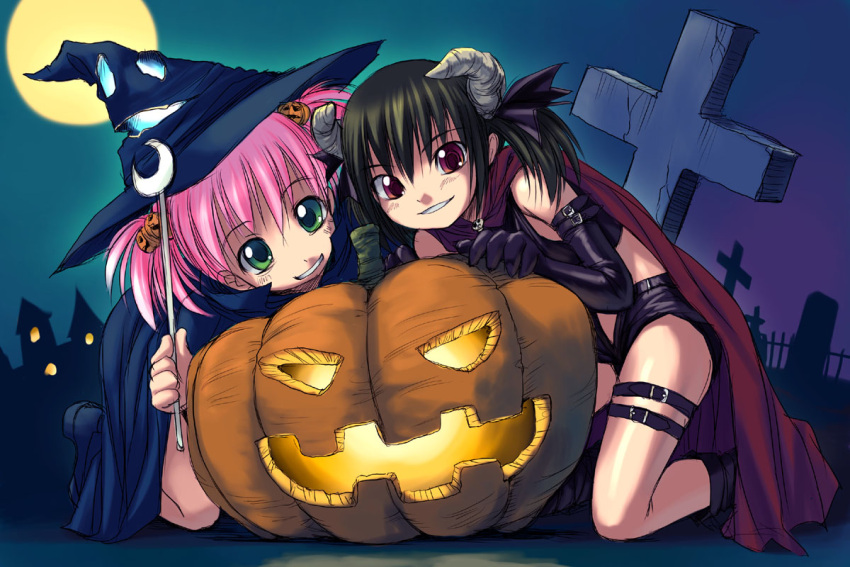 askray bent_over black_hair blush bosshi cape cosplay crescent cross demon demon_girl devil elbow_gloves full_moon gloves glowing graveyard green_eyes grin hair_bobbles hair_ornament hair_ribbon halloween hat horns kneeling leaning_forward moe_(character) moon multiple_girls night night_sky on_ground open_fly original outdoors pink_hair pumpkin red_eyes ribbon short_hair short_shorts short_twintails shorts sky smile thigh_strap twintails unzipped wand witch witch_hat yu