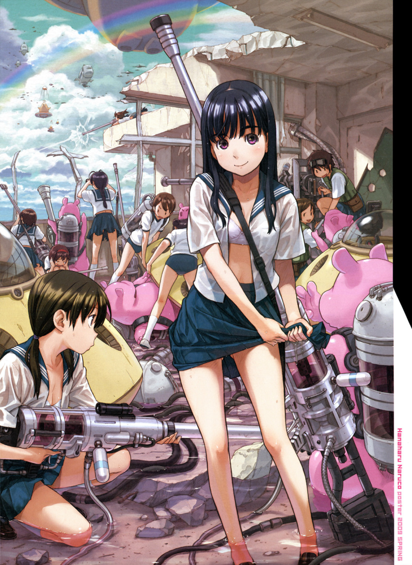 airship antenna_hair black_hair bra braid brown_eyes brown_hair buruma feet_in_water flying goggles gun gym_uniform headband highres lingerie long_hair multiple_girls naruko_hanaharu open_clothes open_shirt purple_eyes rainbow ruins scan school_uniform seifuku serafuku shirt short_hair short_twintails soaking_feet twintails underwear vest water weapon wet wet_clothes