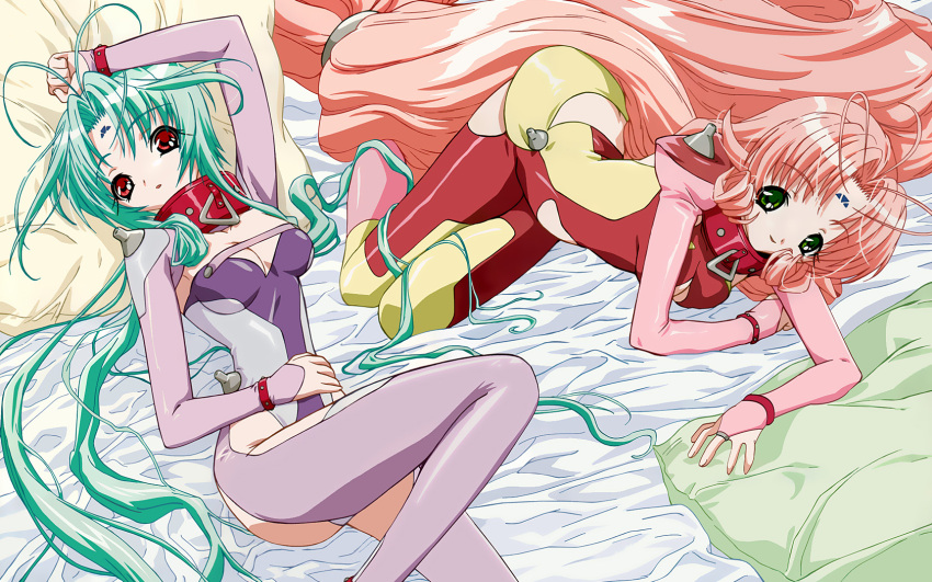 bed dears green_hair highres miu multiple_girls pink_hair ren_(dears) screencap wallpaper