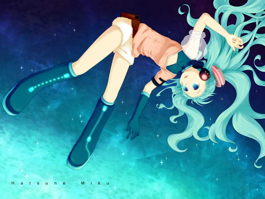 aqua_hair bad_id boots casual flat_chest floating gloves hatsune_miku headphones highres hinata_(artist) magamoto shorts vocaloid