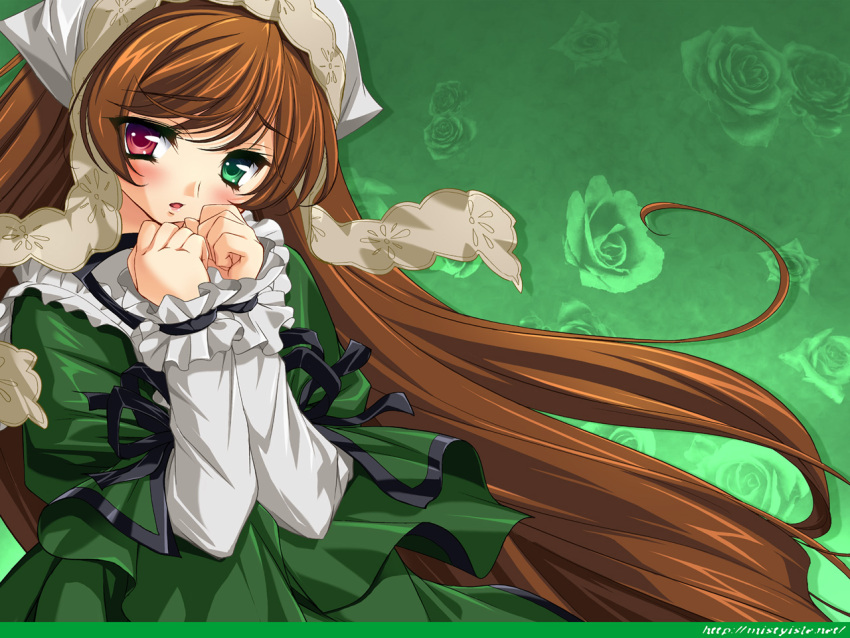 blush brown_hair dress gothic gothic_lolita heterochromia lolita_fashion long_hair long_sleeves rozen_maiden sorimura_youji suiseiseki wallpaper