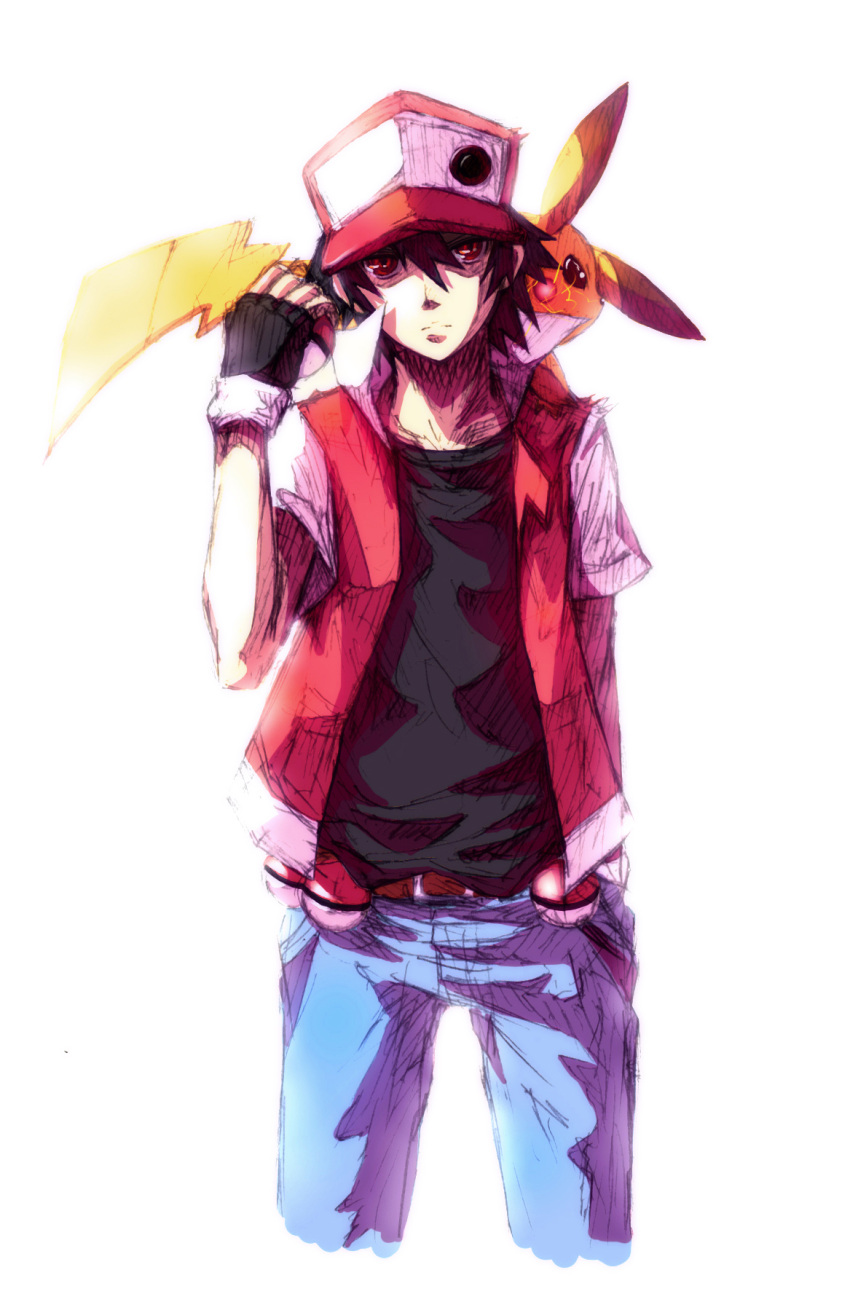 1boy baseball_cap belt black_hair hat highres holding holding_poke_ball mushina_suzume pikachu poke_ball pokemon pokemon_(creature) pokemon_(game) red_(pokemon) red_(pokemon)_(classic) red_eyes short_hair waist_poke_ball