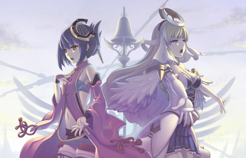 ar_tonelico ar_tonelico_ii blonde_hair blue_hair bow breasts bridal_gauntlets chroche_latel_pastalie cleavage detached_sleeves elbow_gloves gloves gust hair_ornament hand_on_own_chest large_breasts long_hair luca_truelywaath miniskirt multiple_girls navel pleated_skirt purple_eyes short_hair singing skirt terumii thighhighs wings yellow_eyes