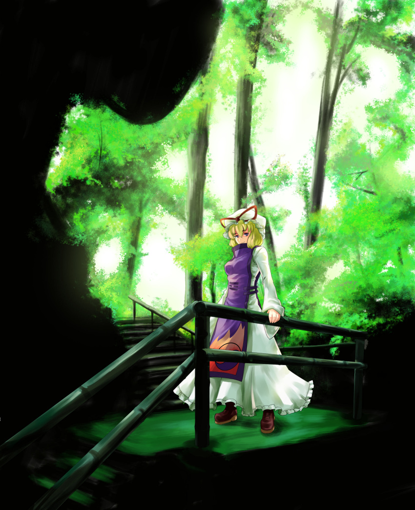 absurdres arm_support blonde_hair forest hat highres long_hair nature purple_eyes railing smile solo stairs sukocchi touhou turtleneck violet_eyes yakumo_yukari