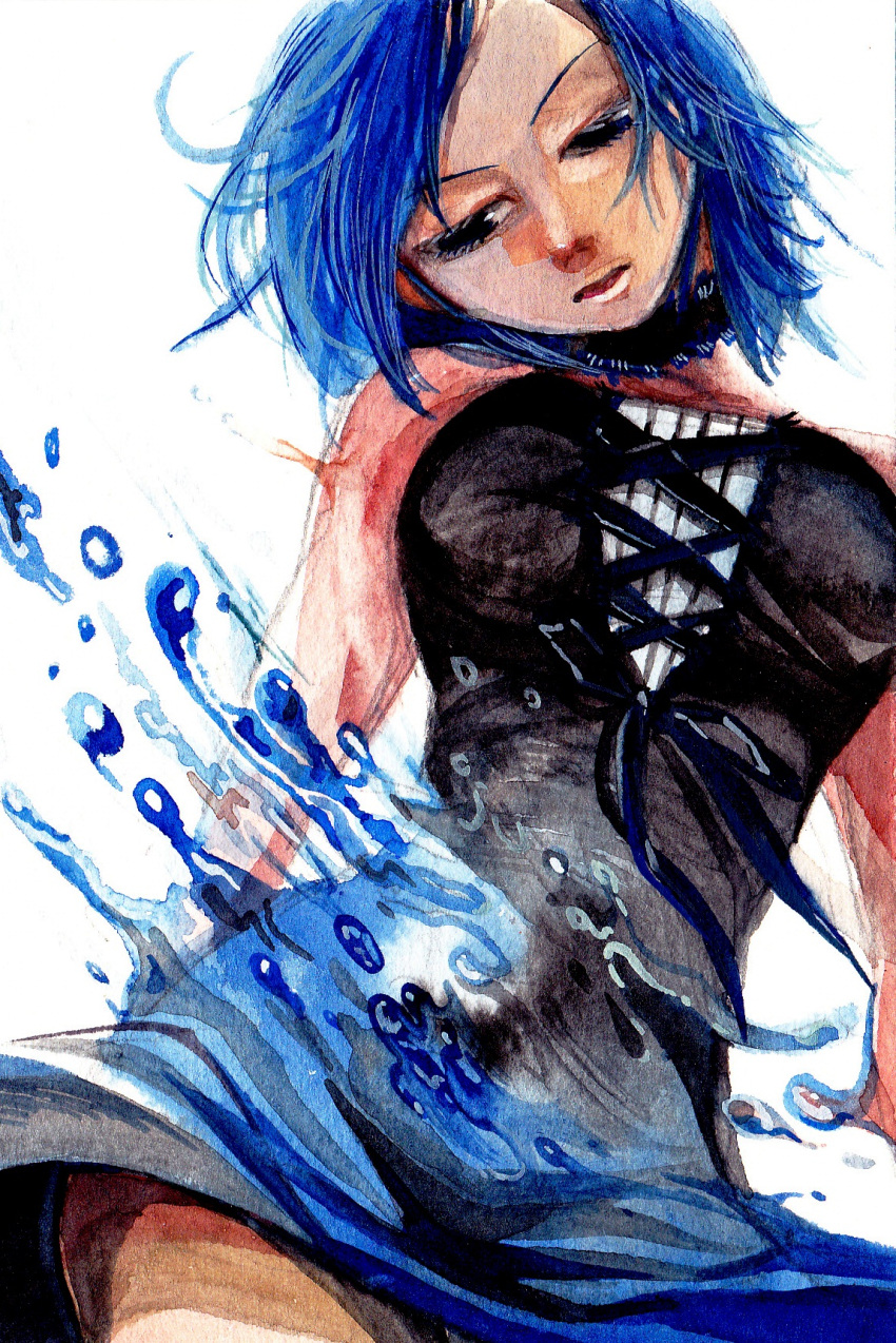 bare_shoulders blue_eyes blue_hair breasts choker corset dress fairy_tail from_below highres juvia_loxar short_hair sleeveless solo traditional_media water